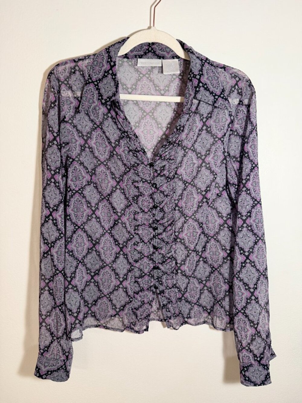 Worthington 100% Silk Purple Paisley Ruffle Blouse Women’s Size 12 Sheer Y2K Top